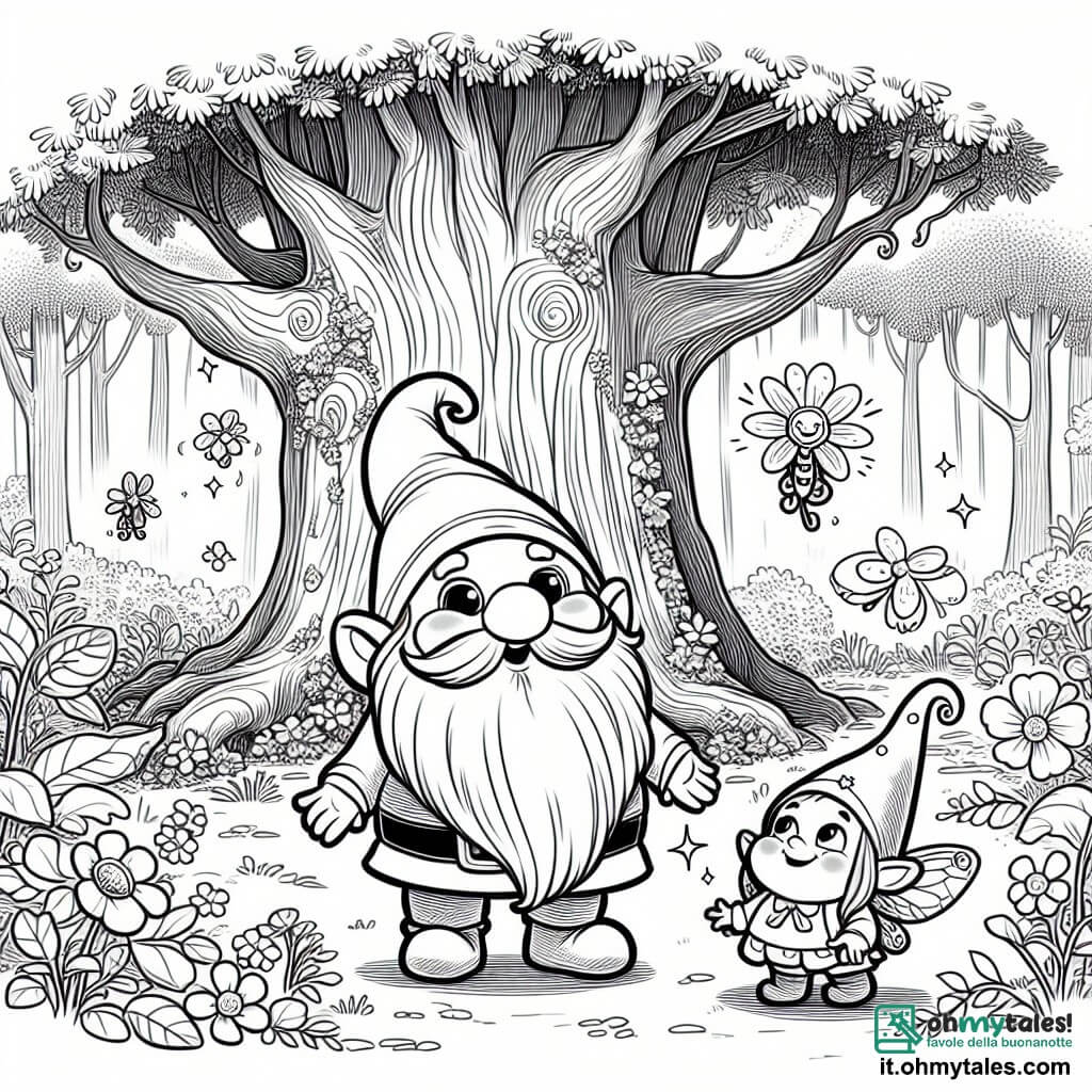 Une illustration destinée aux enfants représentant un lutin curieux se tenant devant l'Albero Antico, accompagné de son nouvel ami, un lutino aux yeux scintillants, dans le Bosco delle Fate, un bosco incantato où les fleurs dansent et les fées chantent.