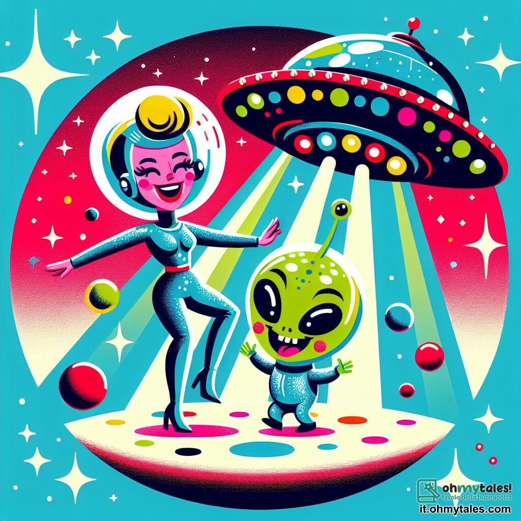 Une illustration sous forme de dessin destinée aux enfants représentant une scène colorée sur un petit et rond planète aux teintes vives de rouge, vert et bleu, où une femme courageuse portant une combinaison spatiale bleue scintillante danse joyeusement avec un petit alien aux grands yeux souriants et à la peau verte, tandis qu'une grande et brillante navette spatiale, ornée de lumières arc-en-ciel, flotte en arrière-plan, le tout baigné dans la lumière des étoiles scintillantes du cosmos.