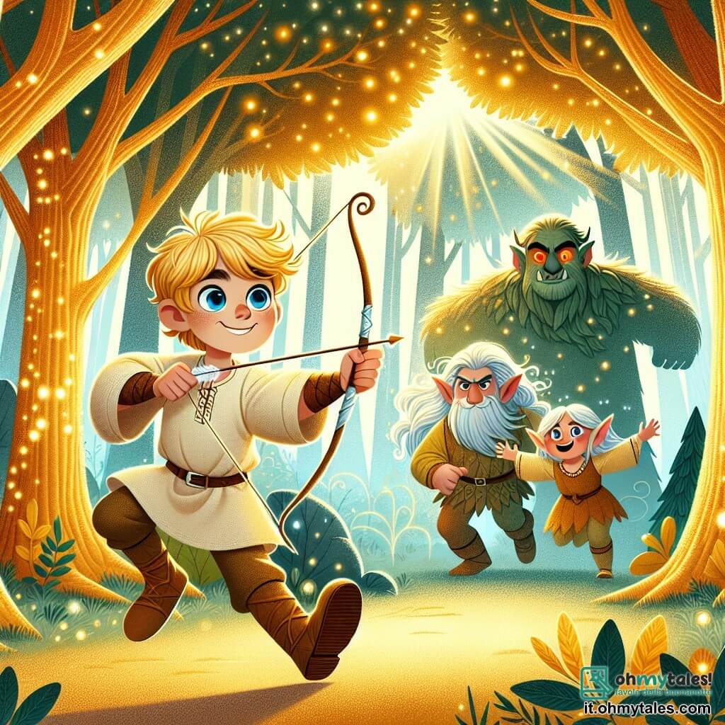 Une illustration sous forme de dessin destinée aux enfants représentant une radieuse forêt enchantée, avec des arbres aux troncs dorés et des feuilles scintillantes, où un garçon de 9 ans aux yeux azur et aux cheveux blonds, vêtu d'une tunique en lin, brandit un arc d'argent avec détermination, tandis qu'une elfe aux cheveux argentés et aux yeux brillants, vêtue d'une robe faite de feuilles, l'encourage avec un sourire, alors qu'ils se préparent à affronter un troll géant aux yeux rouges, qui bloque leur chemin avec une expression menaçante, dans une atmosphère magique pleine de couleurs vives et de lumière.