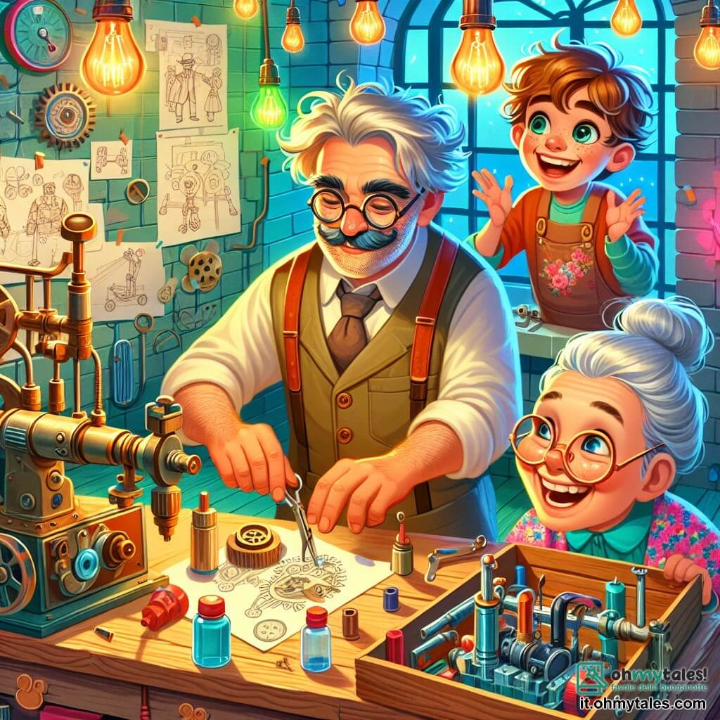 Une illustration sous forme de dessin destinée aux enfants représentant une charmante officine d'inventeur, remplie de machines étranges et de plans colorés, où un homme aux cheveux ébouriffés et aux lunettes épaisses, vêtu d'une blouse de travail, s'affaire à assembler une machine à rire, tandis qu'un petit garçon curieux, aux yeux pétillants et au sourire contagieux, observe avec émerveillement, et une vieille dame joyeuse, aux cheveux gris et au tablier fleuri, éclate de rire en écoutant une blague, le tout baigné dans une lumière chaleureuse et colorée qui évoque l'esprit d'invention et de camaraderie.