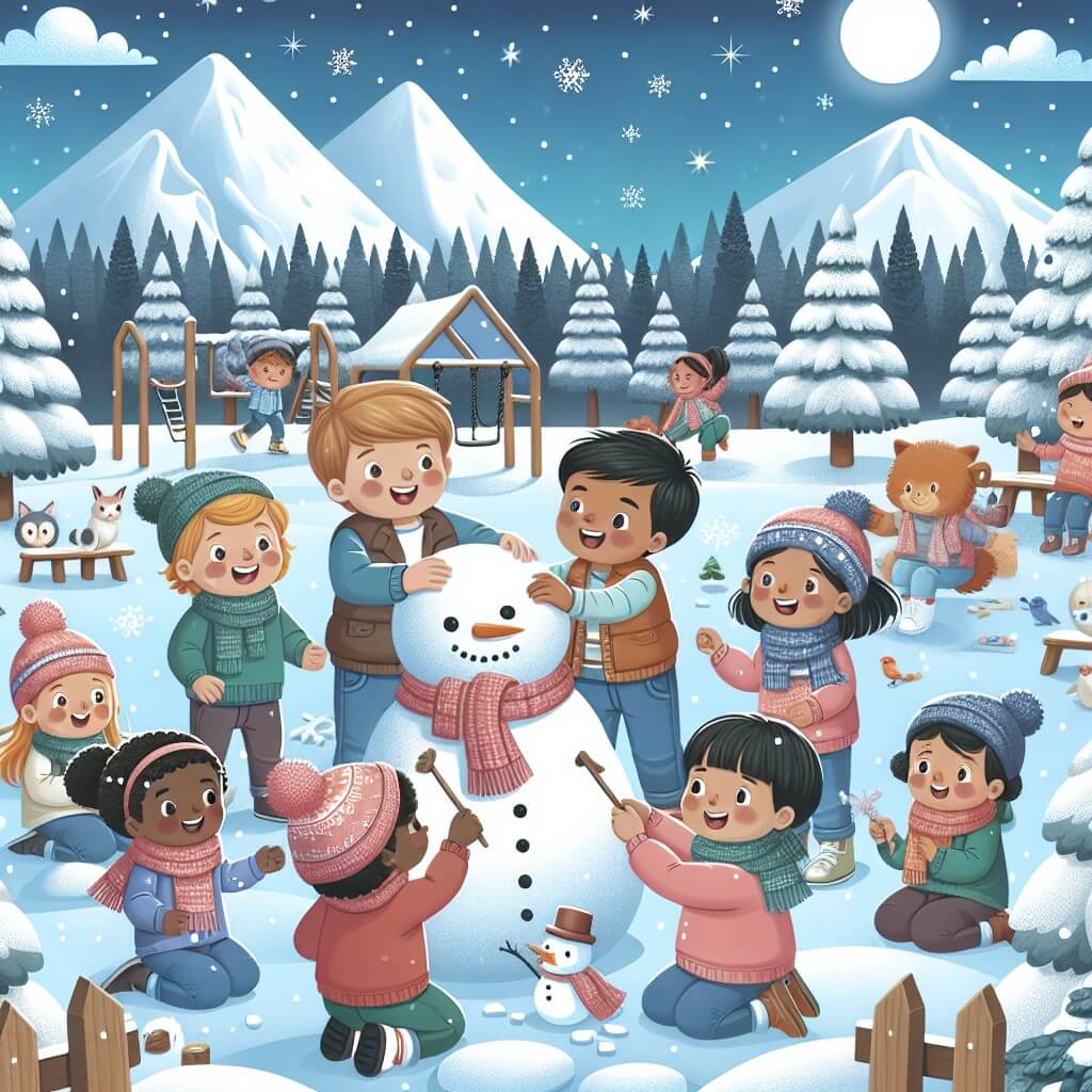 Une illustration destinée aux enfants représentant un jeune garçon, entouré de ses amis, dans un magnifique paysage enneigé d'un parc de jeux d'hiver, où ils construisent un pupazzo de neve et partagent des moments de joie et de générosité avec les animaux de la forêt.
