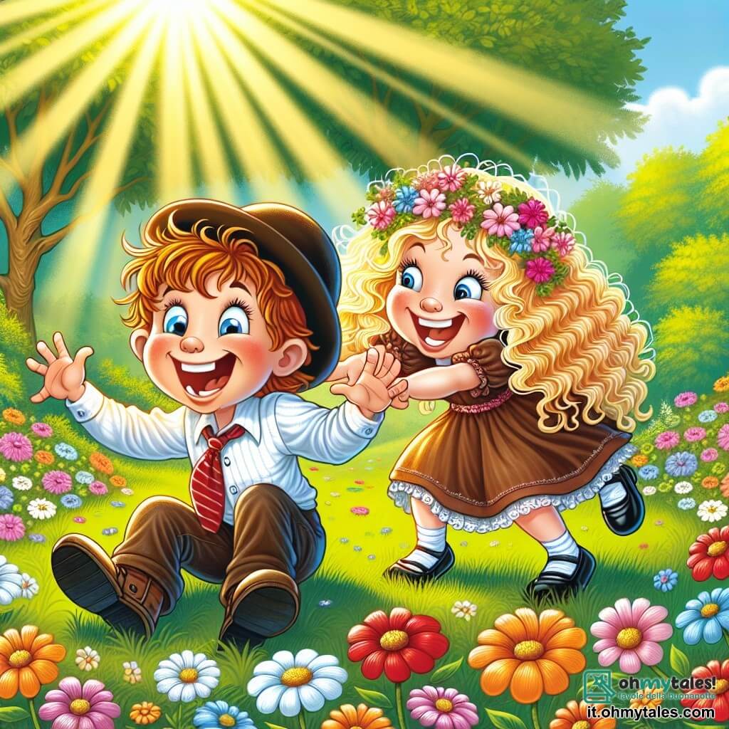 Une illustration destinée aux enfants représentant un garçon espiègle en train de jouer des tours rigolos à son amie, une fillette aux boucles blondes, dans un parc verdoyant et ensoleillé parsemé de fleurs multicolores.