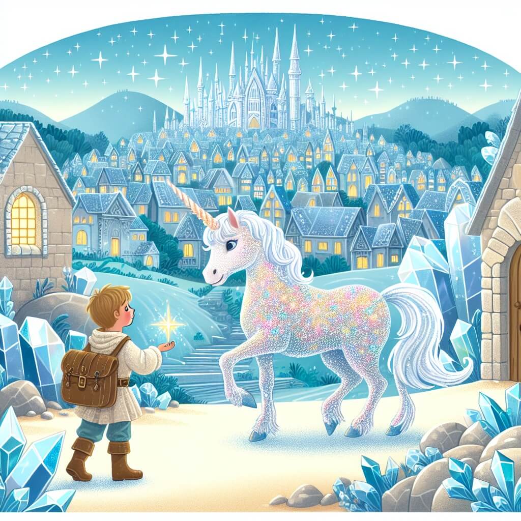 Une illustration destinée aux enfants représentant une licorne étincelante, qui rencontre un jeune explorateur curieux, dans un paysage enchanteur du Regno delle Licorne, où les maisons sont faites de cristal et les rues pavées de diamants scintillants.