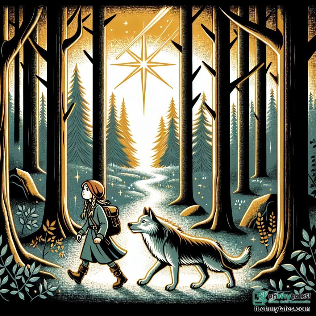 Une illustration destinée aux enfants représentant une jeune fille intrépide explorant une mystérieuse forêt enchantée en compagnie d'un loup loyal, dans une clairière entourée d'arbres majestueux et baignée par la lumière dorée d'une étoile filante.