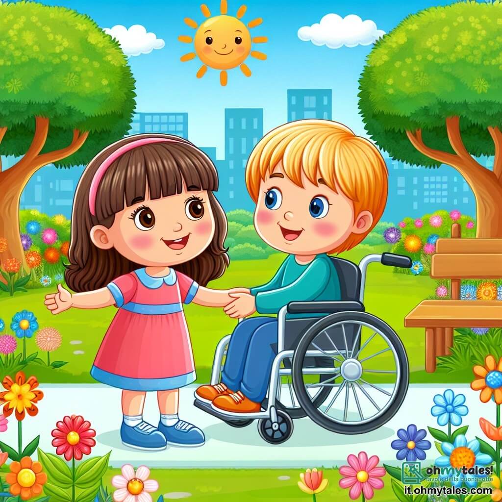Une illustration destinée aux enfants représentant une petite fille curieuse et vivace, découvrant l'amitié avec un garçon unique utilisant une chaise roulante, dans un parc ensoleillé rempli de fleurs colorées et d'arbres majestueux.