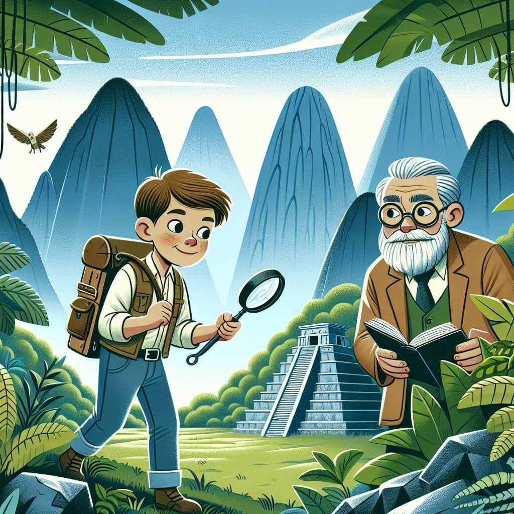 Une illustration destinée aux enfants représentant un jeune homme aventurier, armé d'une pelle et d'une loupe, explorant une ancienne tombe enfouie au cœur d'une jungle luxuriante et mystérieuse, accompagné d'un professeur barbu à lunettes, dans une vallée entourée de montagnes imposantes.