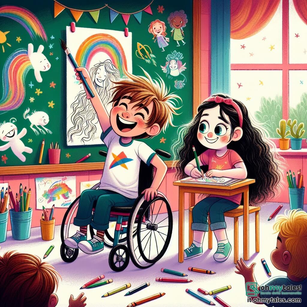 Illustration destinée aux enfants représentant une salle de classe lumineuse et colorée, avec des murs décorés de dessins d'enfants et un tableau noir rempli de croquis. Au centre, un garçon de 9 ans aux cheveux bruns et ébouriffés, portant une t-shirt avec un motif de fusée, est assis sur une chaise, un grand sourire aux lèvres, tenant des crayons de couleur dans ses mains. À ses côtés, une fille aux longs cheveux bouclés et à la peau claire, assise dans une jolie chaise roulante, regarde avec enthousiasme un dessin qu'ils ont créé ensemble, illustrant un monde magique rempli d'animaux fantastiques. La scène dégage une atmosphère de camaraderie et de créativité, avec des éclats de rire et des couleurs vives qui flottent dans l'air, symbolisant l'acceptation et l'amitié.