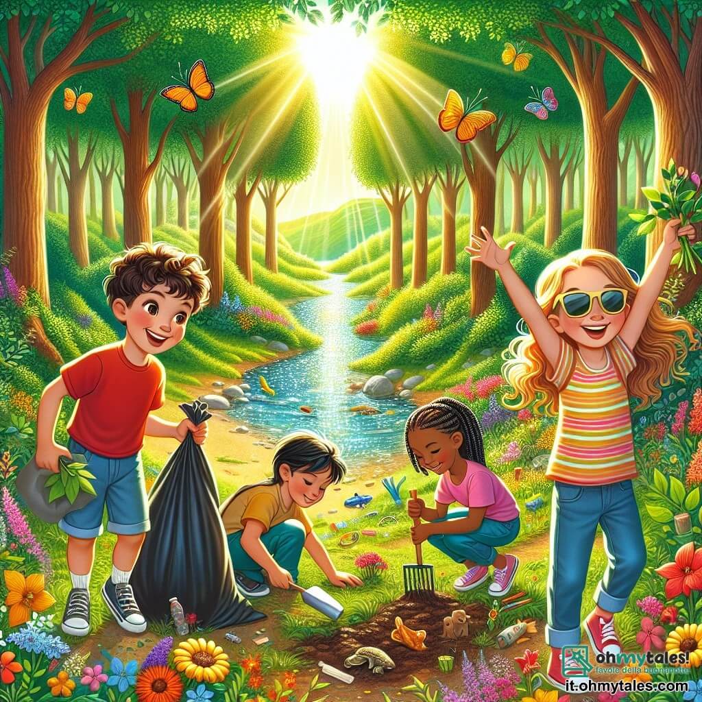 Illustrazione che rappresenta un magnifico sentiero in una riserva naturale verdeggiante, circondato da alberi maestosi con foglie di un verde brillante. In lontananza, un piccolo stagno scintilla al sole, con fiori colorati che danzano al vento. Sul sentiero, quattro bambini sono in azione: un ragazzo di circa 8 anni, con capelli castani e ricci, sorride felicemente mentre tiene un sacco di rifiuti. Accanto a lui, una ragazza di 7 anni, con lunghi capelli biondi intrecciati, si inginocchia per raccogliere una bottiglia di plastica, concentrata. Un altro ragazzo, di 9 anni, con capelli neri e occhiali, osserva i pesci nello stagno, meravigliato. Infine, una ragazza di 6 anni, con capelli castani e occhiali da sole, si erge in piedi, le braccia alzate in segno di vittoria, circondata dai fiori che ha appena piantato. La scena mostra i bambini intenti a pulire la natura, con sorrisi sui volti, illustrando la loro gioia e determinazione a proteggere l'ambiente. Farfalle colorate volano intorno a loro, aggiungendo un tocco di magia a questa bella giornata di sole.