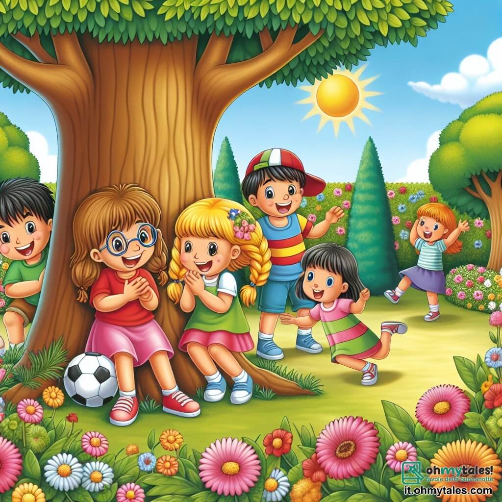 Illustrazione che rappresenta una scena soleggiata in un giardino colorato, pieno di fiori vivaci e alberi verdi. Al centro, un gruppo di quattro bambini è riunito attorno a un grande albero, ridendo e giocando insieme. C'è un ragazzo di 6 anni con capelli castani e occhiali, che indossa una maglietta rossa e un pantaloncino blu, sorridente mentre tiene un pallone da calcio. Accanto a lui, una ragazza di 6 anni con capelli biondi e trecce, vestita con un abito rosa, applaude gioiosamente. Un altro ragazzo di 6 anni, con capelli neri e una maglietta verde, si sta nascondendo dietro l'albero, pronto a giocare a nascondino. Infine, una ragazza di 6 anni con capelli castani e un cappellino blu, che tiene un panino, li guarda con un grande sorriso. La situazione principale mostra i bambini impegnati in un'attività ludica, godendosi il tempo trascorso insieme a giocare a nascondino e a prepararsi per una partita di calcio, illustrando l'idea di amicizia e del piacere di giocare all'aperto, lontano dagli schermi. Sullo sfondo si può vedere un cielo blu chiaro con alcune nuvole bianche e un angolo di giardino dove un tablet è posato su un tavolo, simboleggiando l'equilibrio tra il gioco all'aperto e il tempo davanti allo schermo.