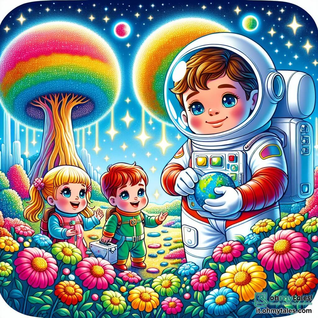 Une illustration sous forme de dessin destinée aux enfants représentant un paysage féerique de la planète Terra Nova, avec des arbres géants aux couleurs vives et un ciel bleu éclatant, où un homme courageux aux cheveux bruns et à la combinaison spatiale argentée, tenant une carte étoilée, guide deux jeunes astronautes : une fille aux cheveux blonds et aux yeux pétillants, qui observe émerveillée les fleurs colorées, et un garçon aux cheveux roux, souriant et en train de ramasser des pierres brillantes, alors qu'ils s'apprêtent à construire leur nouvelle maison ensemble dans cette aventure spatiale.