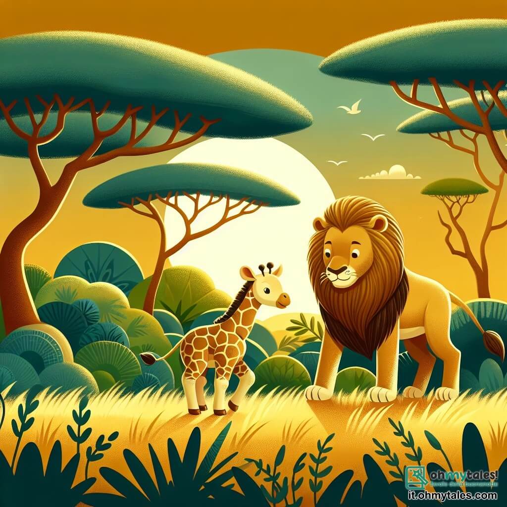 Une illustration destinée aux enfants représentant une jeune girafe curieuse explorant la savane aux côtés d'un lion majestueux, dans un paysage luxuriant parsemé d'acacias et baigné par la lumière dorée du soleil couchant.