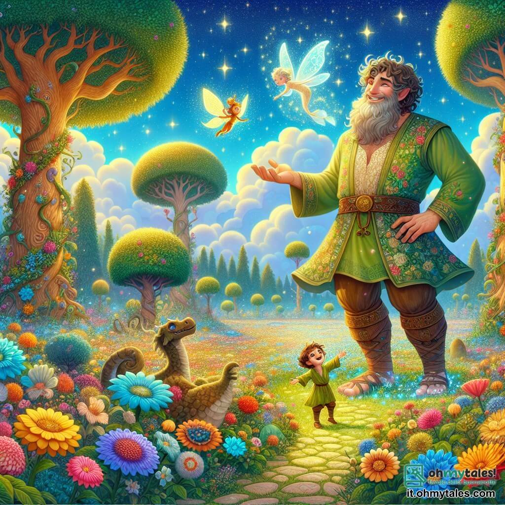Illustrazione che rappresenta un vasto giardino incantato, pieno di fiori colorati dai petali brillanti e di alberi maestosi dai tronchi spessi. Al centro, un gigante benevolo, con una grande statura, capelli ricci e una barba morbida, sorride guardando il cielo. Indossa una tunica verde decorata con motivi floreali e sandali di cuoio. Accanto a lui, una piccola creatura magica, una nuvola leggera e scintillante, con occhi luccicanti e un sorriso radioso, danza gioiosamente nell'aria. In un angolo, un piccolo drago con squame scintillanti e ali delicate, con un'espressione di meraviglia, cerca di volare, sostenuto dal gigante. La scena emana un'atmosfera di magia e amicizia, con nuvole soffici che fluttuano in un cielo blu brillante e una luce dorata che illumina il giardino, creando un momento di gioia e avventura.