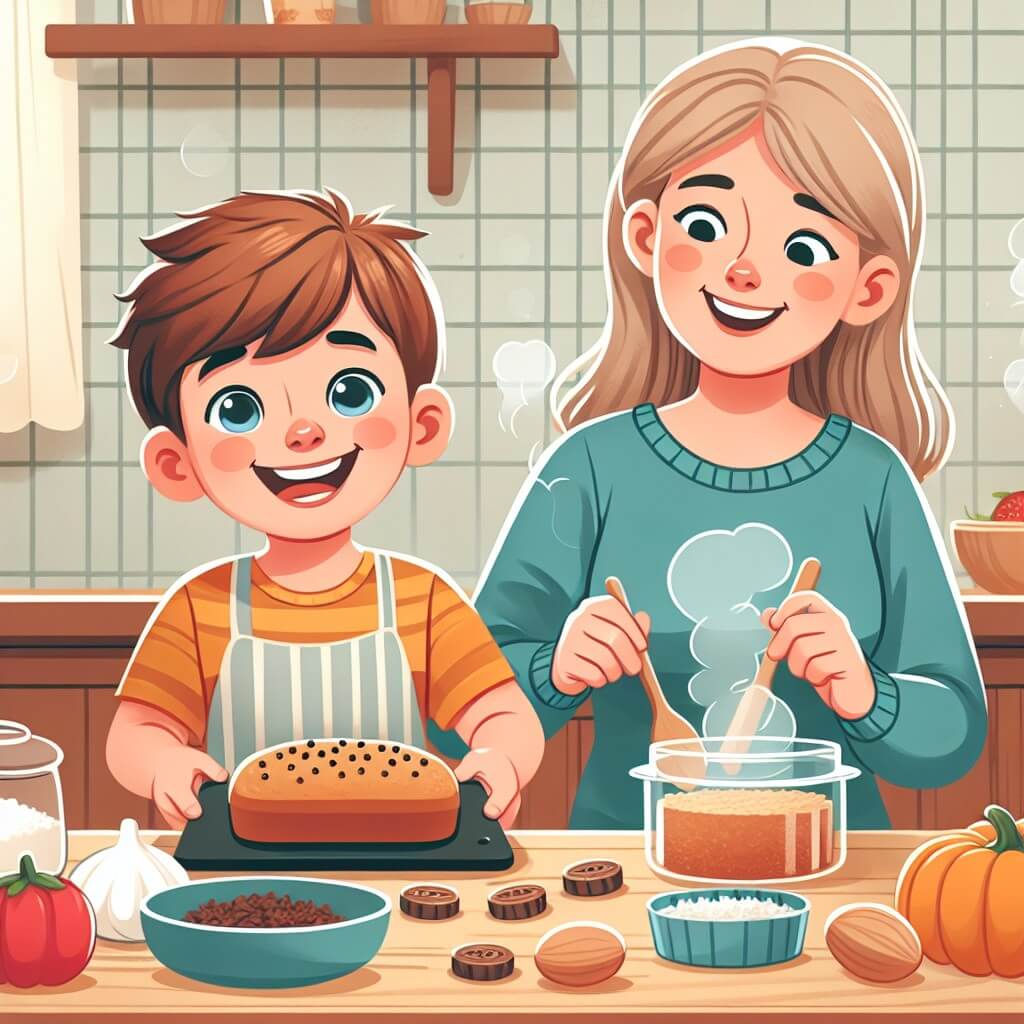 Une illustration destinée aux enfants représentant un jeune garçon plein d'enthousiasme, préparant une surprise pour la fête des pères, accompagné de sa maman, dans une cuisine chaleureuse et lumineuse, remplie d'odeurs délicieuses.