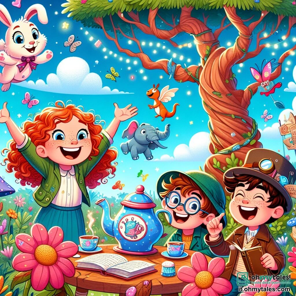 Illustrazione che rappresenta una scena magica in un parco incantato, pieno di fiori colorati che danzano al vento, grandi alberi dai tronchi contorti e un cielo blu punteggiato di nuvole a forma di caramelle. Al centro dell'immagine, un gruppo di quattro bambini: una ragazza dai capelli rossi e ricci, di circa 8 anni, sorridente e con le braccia alzate, come se stesse fluttuando; un ragazzo con occhiali rotondi, di circa 9 anni, che ride tenendo un libro aperto; una piccola avventuriera, di 7 anni, con un cappello da esploratore, che indica un coniglio rosa con un cilindro; e un ragazzo birichino, di circa 8 anni, che fa una smorfia mentre cerca di rubare un po' di tè magico da una teiera a forma di elefante, posata su un tavolo di legno decorato con ghirlande luminose. Sullo sfondo, piccoli draghi di carta volano allegramente intorno a loro, aggiungendo un tocco di fantasia a questa scena piena di risate e amicizia.