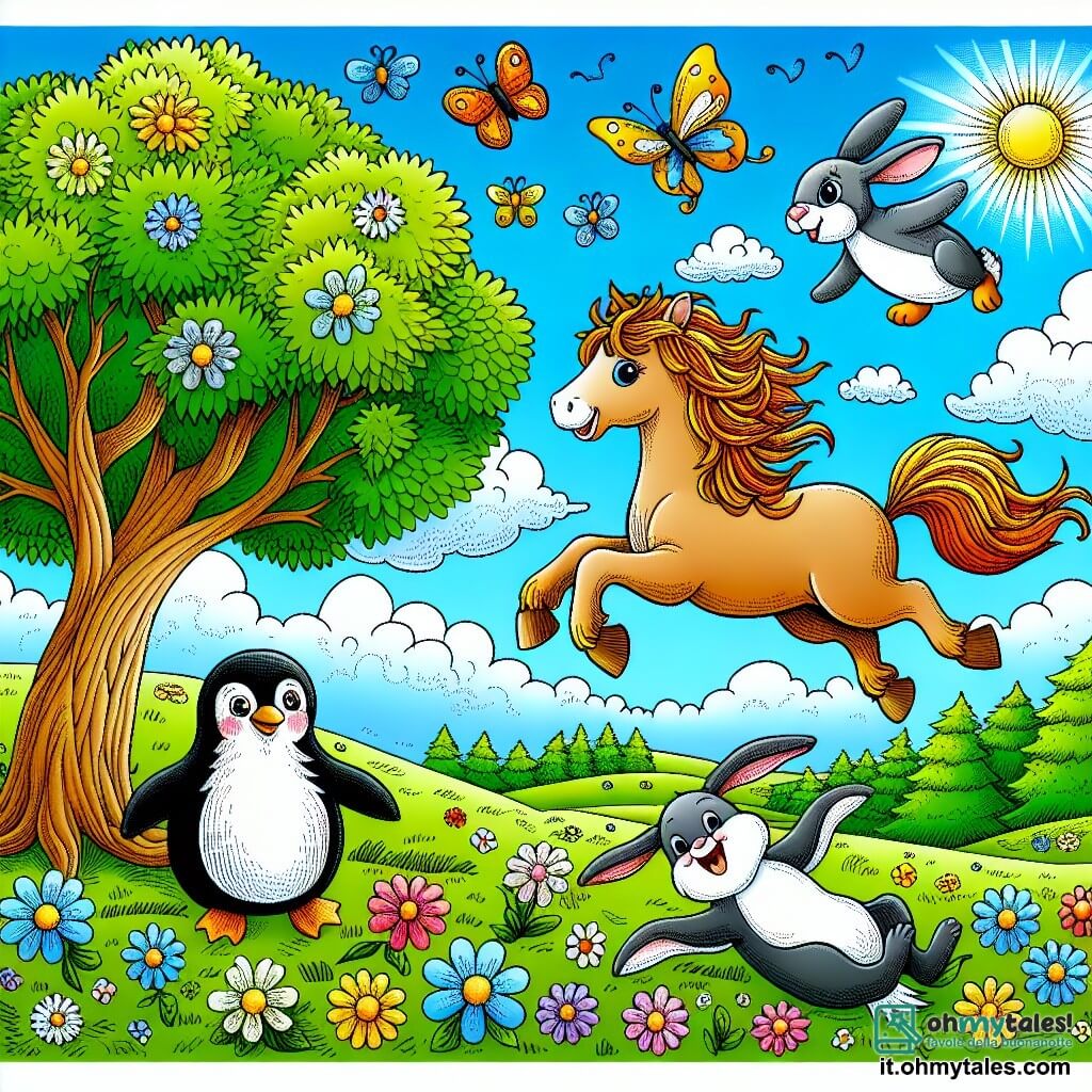 Une illustration sous forme de dessin destinée aux enfants représentant un vaste pré verdoyant sous un ciel bleu éclatant, avec un cheval aux poils dorés et à la crinière ondulante, qui saute joyeusement par-dessus un grand arbre, tandis qu'un petit lapin aux grandes oreilles et un pinguin aux plumes blanches et noires l'encouragent en applaudissant, tous trois en pleine quête d'un trésor caché, entourés de fleurs colorées et de papillons virevoltants.