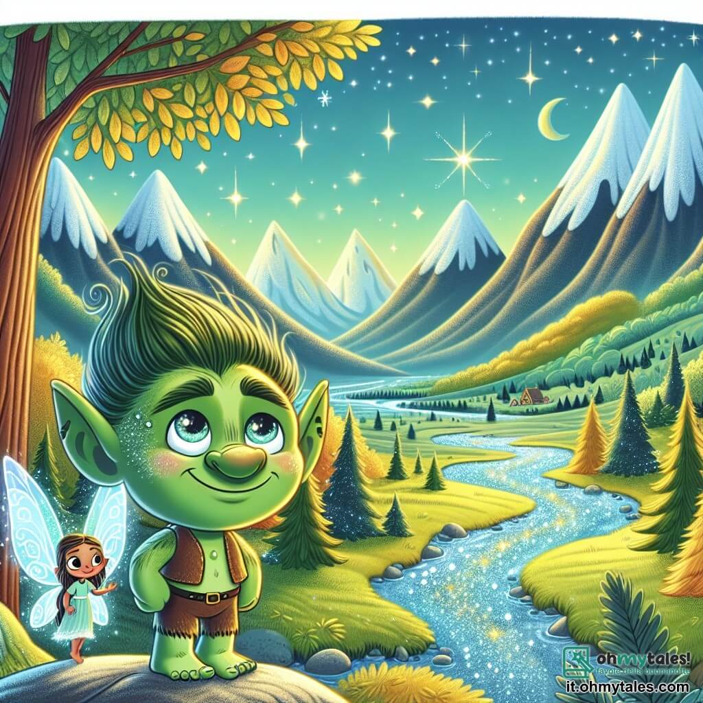 Une illustration destinée aux enfants représentant un troll au grand cœur, avec une peau verte chatoyante et des yeux pétillants de malice, se tenant au bord d'une vallée enchantée, entourée de montagnes majestueuses aux cimes enneigées, de rivières scintillantes serpentant entre des arbres aux feuilles dorées, tandis qu'une petite fée aux ailes translucides et brillantes, flottant à ses côtés, l'encourage à surmonter ses peurs et à prouver son courage dans une quête magique.