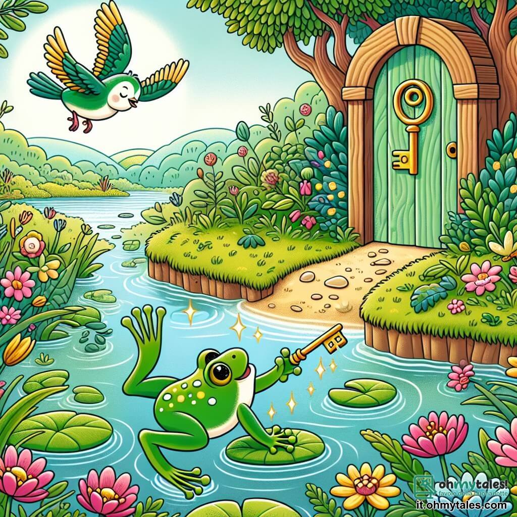 Une illustration sous forme de dessin destinée aux enfants représentant un paisible étang verdoyant, avec une petite grenouille verte aux yeux pétillants, sautillant joyeusement vers une porte en bois mystérieuse entourée de fleurs colorées, tandis qu'un oiseau aux plumes éclatantes observe la scène avec curiosité, capturant l'instant où la grenouille découvre la clé dorée qui ouvre les portes d'un monde magique.