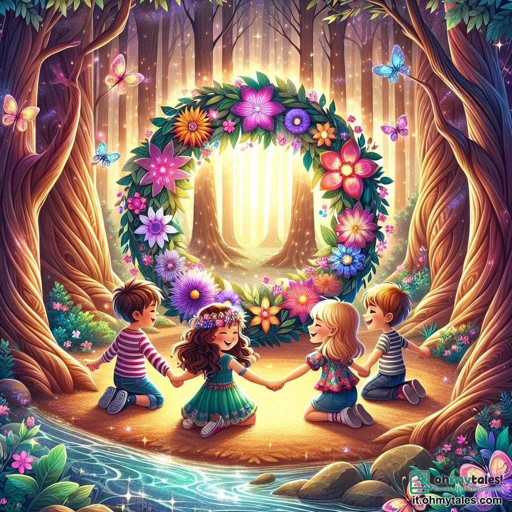 Illustrazione che rappresenta un grande cerchio di fiori luminosi, dai colori vivaci, al centro di una foresta incantata. Gli alberi maestosi, con tronchi spessi e foglie scintillanti, formano un incanto magico attorno a questa scena, mentre un ruscello cristallino serpeggia nelle vicinanze, riflettendo la luce del sole. Al centro, quattro bambini si tengono per mano: una ragazza di 8 anni con lunghi capelli ricci e un vestito colorato, sorridente e piena di determinazione; un ragazzo di 9 anni, con occhiali e capelli castani disordinati, che mostra un'espressione di curiosità; un'altra ragazza di 7 anni, con capelli corti e biondi, che guarda intorno a sé con meraviglia; e un ragazzo di 8 anni, con una maglietta a righe e uno sguardo concentrato, pronto a esprimere un desiderio. Sono seduti in cerchio, con gli occhi chiusi, uniti da un sogno comune, mentre una luce dorata emerge dal suolo, illuminando i loro volti con un bagliore caldo. Farfalle colorate volano intorno a loro, aggiungendo un tocco di magia all'atmosfera. Sullo sfondo, fiori dai petali scintillanti danzano dolcemente al vento, creando un'atmosfera incantevole e gioiosa.
