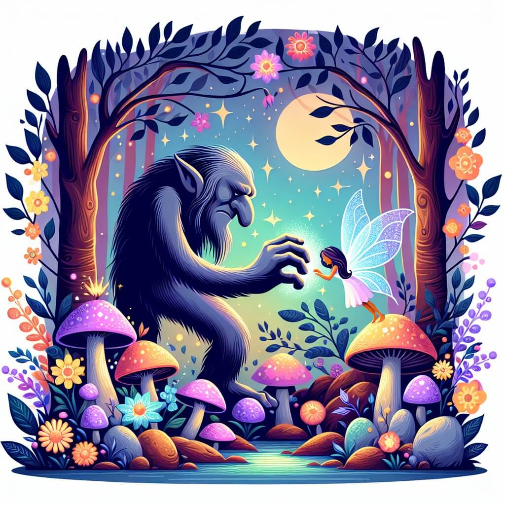 Une illustration destinée aux enfants représentant un troll malheureux, se liant d'amitié avec une fée étincelante, dans une forêt enchantée remplie de champignons lumineux et de fleurs magiques aux couleurs vives.
