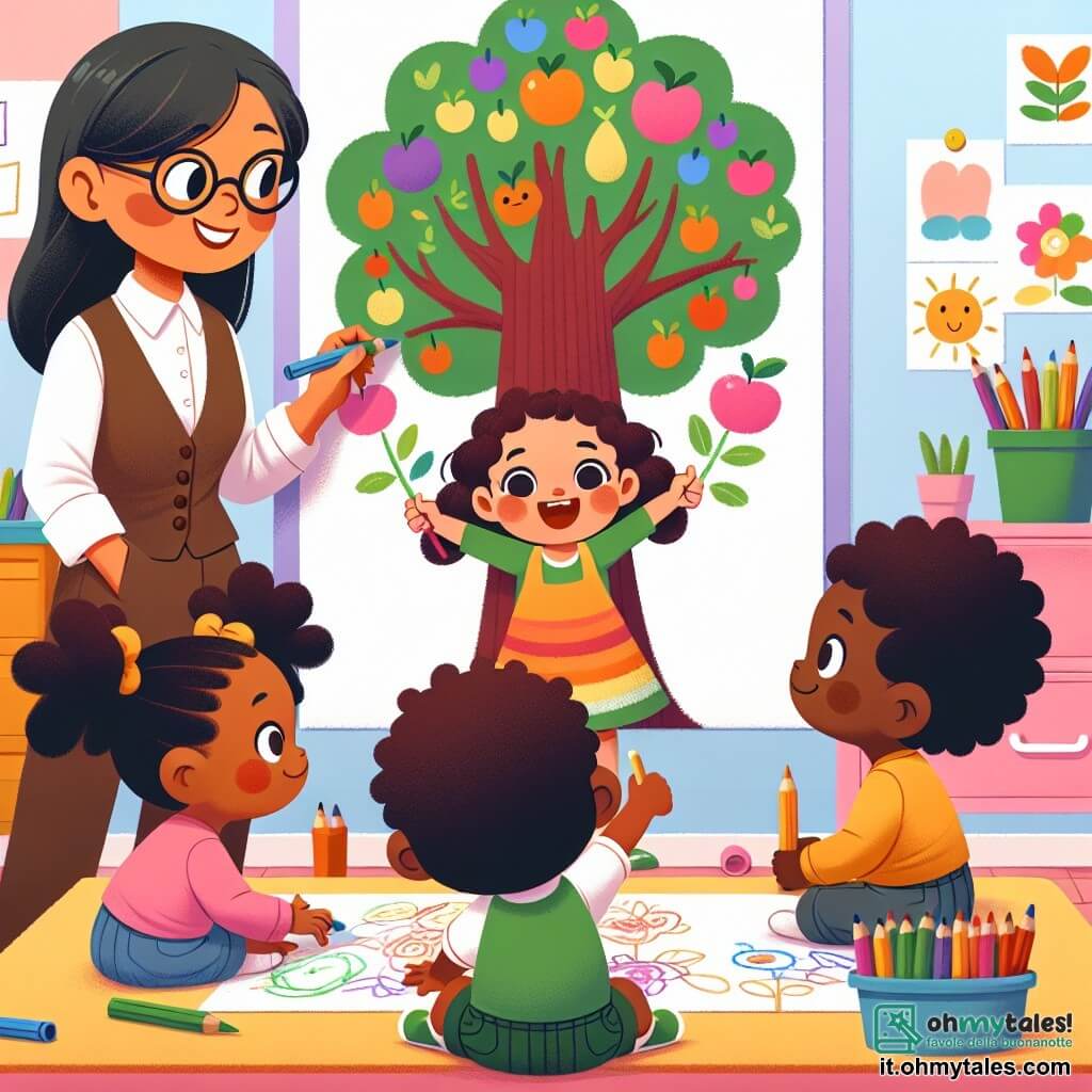 Une illustration sous forme de dessin destinée aux enfants représentant une salle de classe colorée avec des murs décorés de dessins d'enfants, où une petite fille de 3 ans aux grands yeux curieux et aux cheveux bouclés bruns, souriante, dessine un grand arbre sur un grand papier, entourée de deux amis : un garçon de 4 ans aux cheveux ricci et un autre garçon de 4 ans aux cheveux blonds, tous deux en train de colorier des fruits colorés accrochés aux branches de l'arbre, symbolisant leurs rêves, tandis que la maîtresse, une femme souriante avec des lunettes, les observe avec fierté.