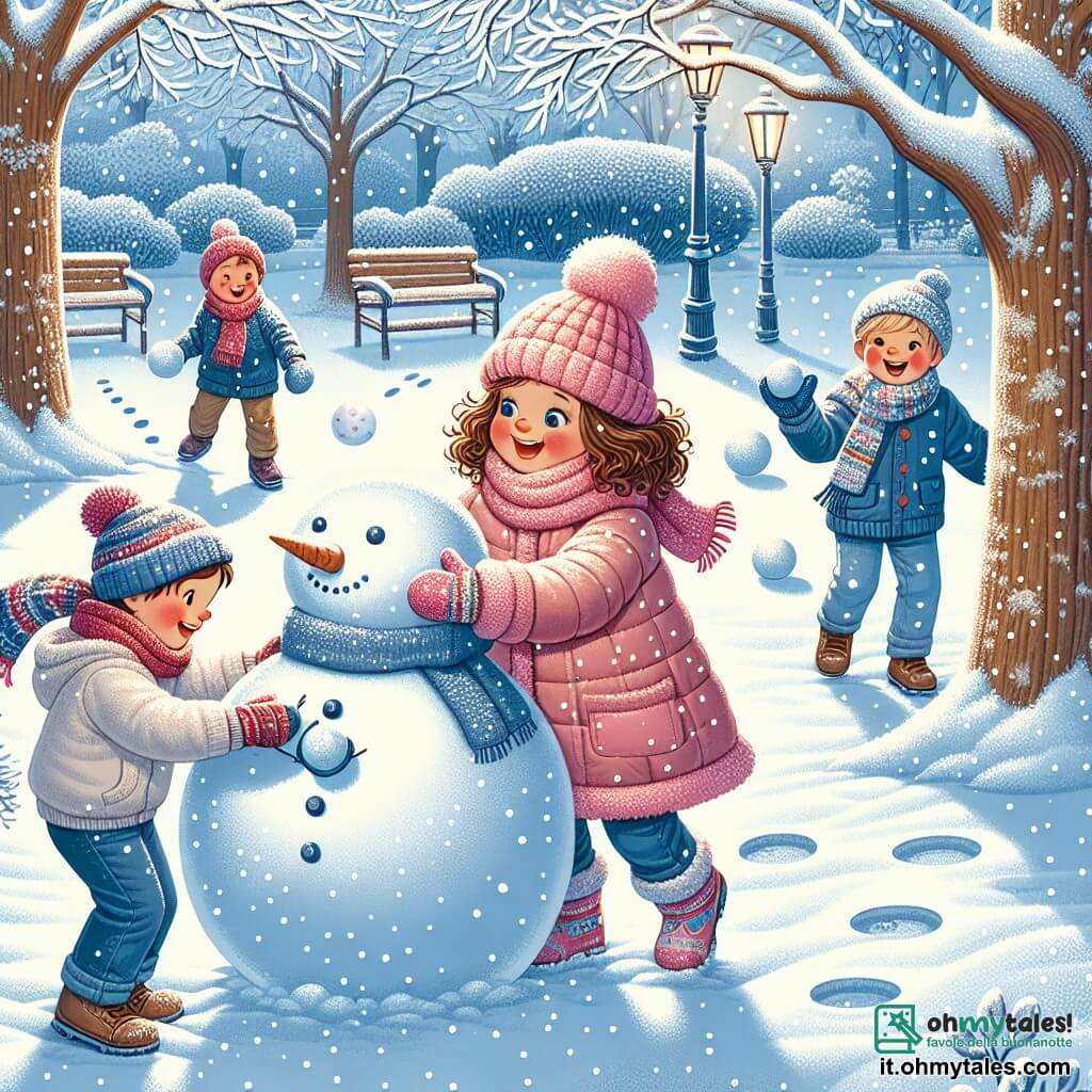 Illustrazione che rappresenta un tranquillo cortile di scuola ricoperto da un spesso manto di neve scintillante, con alberi le cui branche sono cariche di fiocchi bianchi. Al centro, una ragazza di 11 anni, con capelli castani e ricci, indossa un pesante cappotto rosa, un berretto di lana e guanti colorati, sorridendo gioiosamente mentre costruisce un grande pupazzo di neve. Accanto a lei, due ragazzi di circa 10 anni, uno con capelli biondi e un maglione blu, e l'altro con capelli neri e una sciarpa rossa, lanciano palle di neve con entusiasmo, ridendo a crepapelle. La scena cattura lo spirito dell'inverno, con fiocchi che cadono dolcemente dal cielo, impronte nella neve e risate di bambini che risuonano nell'aria fresca.