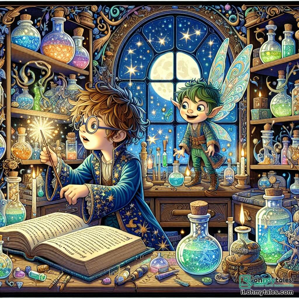 Illustrazione che rappresenta un laboratorio magico colorato, pieno di pozioni scintillanti e oggetti incantati. Le scaffalature in legno sono cariche di libri antichi e fiale luminose, mentre una finestra fa entrare la luce della luna, illuminando la stanza con un dolce bagliore argentato. Al centro della scena, un giovane apprendista stregone, un ragazzo di circa nove anni, con capelli arruffati e occhiali rotondi, è chinato su un grimorio aperto. Indossa una veste da stregone blu scuro decorata con stelle dorate e tiene una bacchetta magica in mano, gli occhi brillanti di eccitazione mentre si prepara a lanciare un incantesimo. Accanto a lui, un piccolo folletto birichino, con ali traslucide e capelli verdi, osserva con curiosità. Ha un sorriso malizioso e indossa una tunica colorata, pronto ad assistere all'incanto. La scena principale mostra il ragazzo mentre recita parole magiche, mentre calze danzano gioiosamente intorno a loro, creando un'atmosfera di magia e gioia. Schegge di luce e stelle scintillanti fluttuano nell'aria, aggiungendo un tocco fatato alla scena.