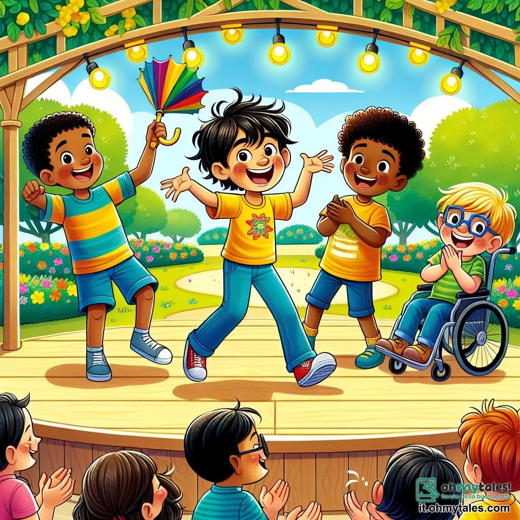 Illustrazione che rappresenta un parco soleggiato, pieno di verde lussureggiante e fiori colorati. Al centro, una scena animata con un grande podio in legno dove dei bambini ridono e applaudono. Un ragazzo di 8 anni, con capelli castani disordinati e un sorriso splendente, balla in modo comico, con le braccia aperte, indossando una maglietta gialla brillante. Accanto a lui, un ragazzo di 10 anni, alto e snodato, con occhiali spessi e un'espressione maliziosa, racconta una barzelletta, ridendo a crepapelle. Un altro ragazzo di 9 anni, con capelli biondi e un'espressione concentrata, tiene una banana in una mano e un ombrello colorato nell'altra, pronto a eseguire un trucco di magia. Infine, un ragazzo di 11 anni, seduto su una sedia a rotelle, sorride con orgoglio, incoraggiando i suoi amici con gesti entusiasti. La scena principale mostra questi quattro amici in una performance comica, cercando di far ridere il pubblico. Sullo sfondo, bambini e genitori ridono a crepapelle, mentre un ombrello colorato vola nell'aria, aggiungendo un tocco di magia e sorpresa alla scena. Palloni colorati fluttuano intorno, e il cielo è di un blu splendente, creando un'atmosfera gioiosa e festosa.