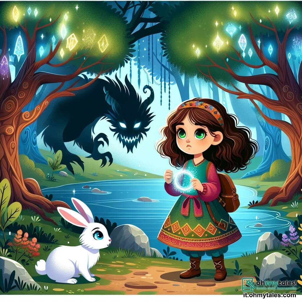 Une illustration sous forme de dessin destinée aux enfants représentant une forêt enchantée, avec des arbres majestueux aux feuilles lumineuses, où une fille de 11 ans aux cheveux bouclés châtain et aux yeux verts brillants, vêtue d'une tunique colorée, tient un amuleto scintillant près d'un lac magique, tandis qu'un petit lapin blanc aux yeux bleus, inquiet mais déterminé, l'observe, alors qu'ils se préparent à affronter un dragon d'ombre menaçant qui plane au-dessus d'eux, enveloppé de ténèbres, symbolisant le combat entre la lumière et l'obscurité.