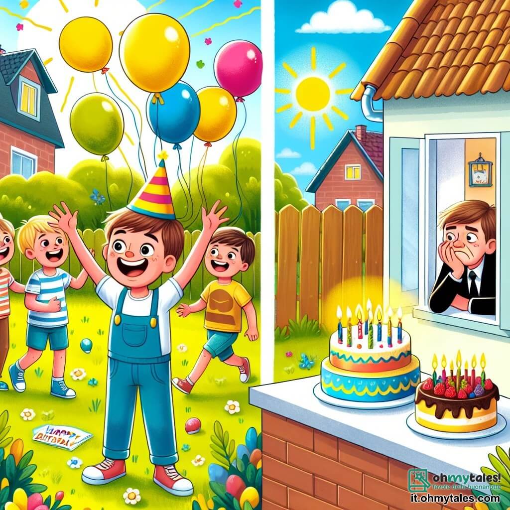 Une illustration destinée aux enfants représentant un garçon joyeux et curieux en train de fêter son anniversaire avec ses amis dans un parc ensoleillé rempli de ballons colorés et de gâteaux appétissants, tandis qu'un voisin grincheux observe depuis sa maison avec un sourire timide.