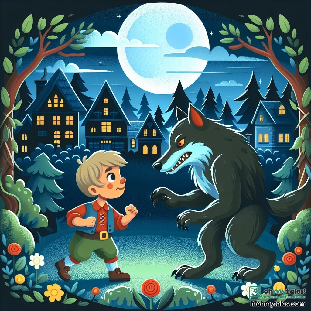 Une illustration destinée aux enfants représentant un petit garçon courageux confronté à un grand loup méchant dans une forêt sombre et mystérieuse, avec en toile de fond un petit village aux maisons colorées.