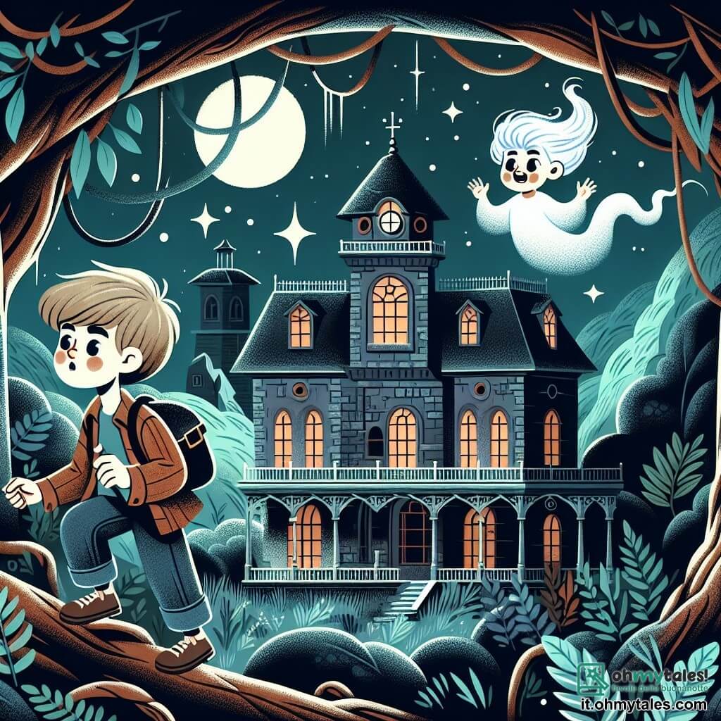Une illustration destinée aux enfants représentant un garçon curieux et courageux, explorant une maison hantée avec l'aide d'une jeune fantôme aux cheveux flottants, dans une vieille demeure abandonnée au cœur de la forêt sombre et mystérieuse.