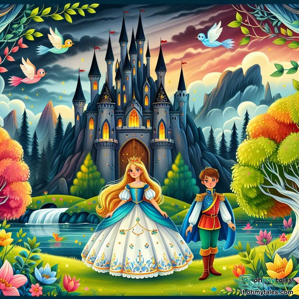 Une illustration destinée aux enfants représentant une princesse courageuse se tenant devant un château sombre et menaçant, accompagnée d'un jeune prince loyal, dans un royaume enchanté aux couleurs vives et aux arbres magiques dansants.