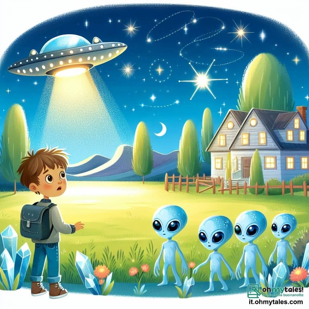 Une illustration destinée aux enfants représentant un garçon curieux observant un vaisseau spatial atterrir dans un champ lumineux, accompagné de trois extraterrestres bleus aux yeux brillants, dans un univers féerique où les maisons sont faites de cristal et les arbres brillent de leur propre lumière.