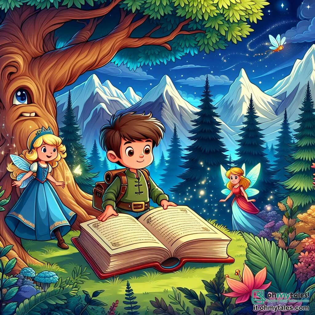 Une illustration destinée aux enfants représentant un jeune garçon courageux découvrant un ancien livre magique sous un arbre centenaire, accompagné par une fée bienveillante, dans un monde incanté entouré de montagnes imposantes et de forêts mystérieuses aux couleurs chatoyantes et aux arbres majestueux.