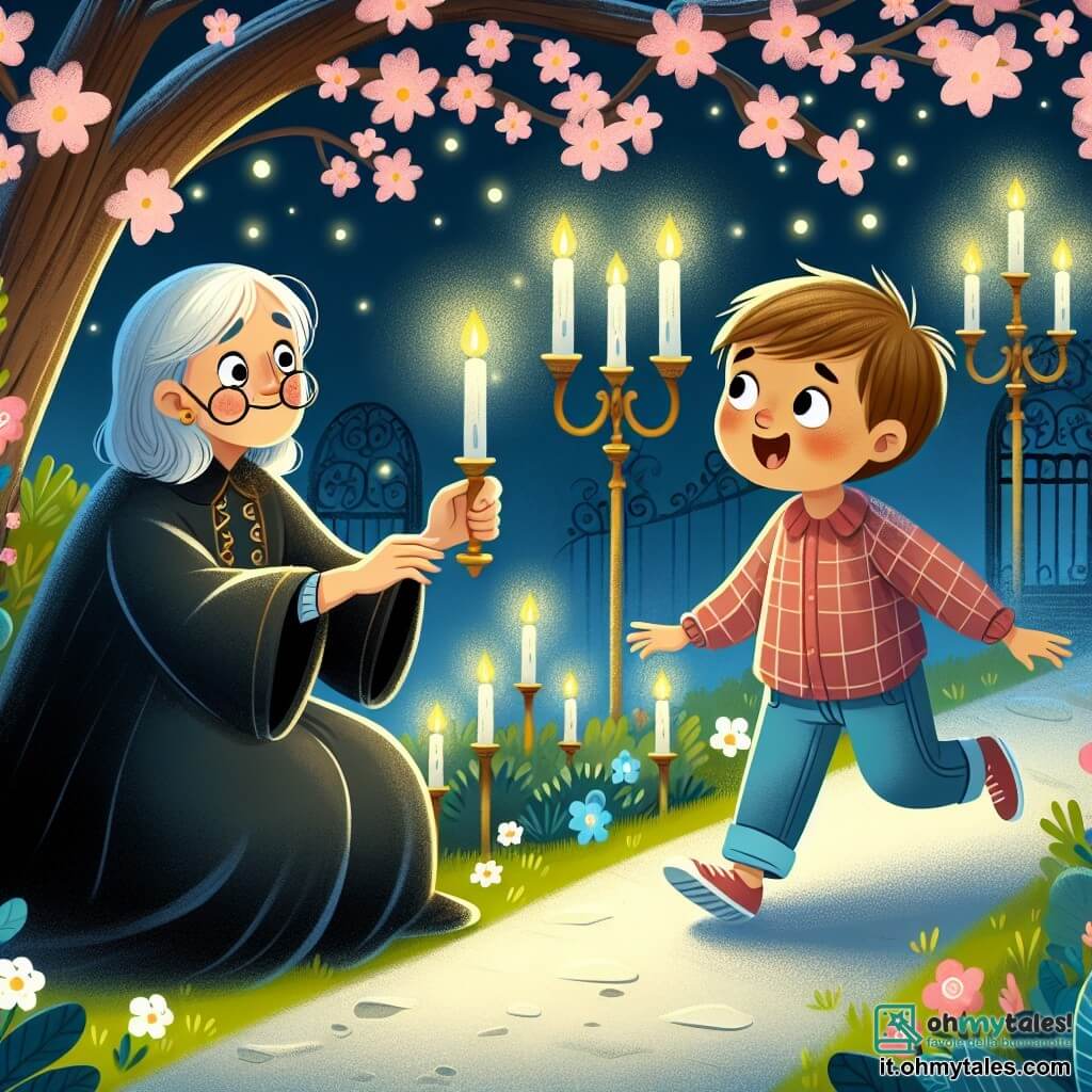 Une illustration destinée aux enfants représentant un petit garçon curieux et courageux, confronté à sa peur du noir, aidé par une gentille voisine âgée, dans un jardin en fleurs illuminé par des candélabres scintillants.