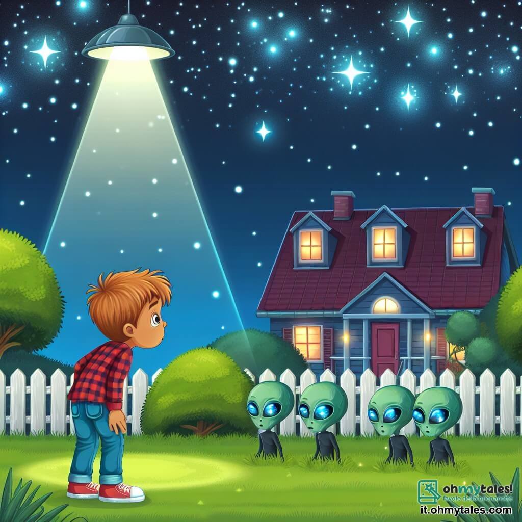 Une illustration destinée aux enfants représentant un garçon curieux observant une étrange lumière dans son jardin, accompagné de trois extraterrestres aux yeux lumineux, sur un prato verde sous un ciel étoilé scintillant.