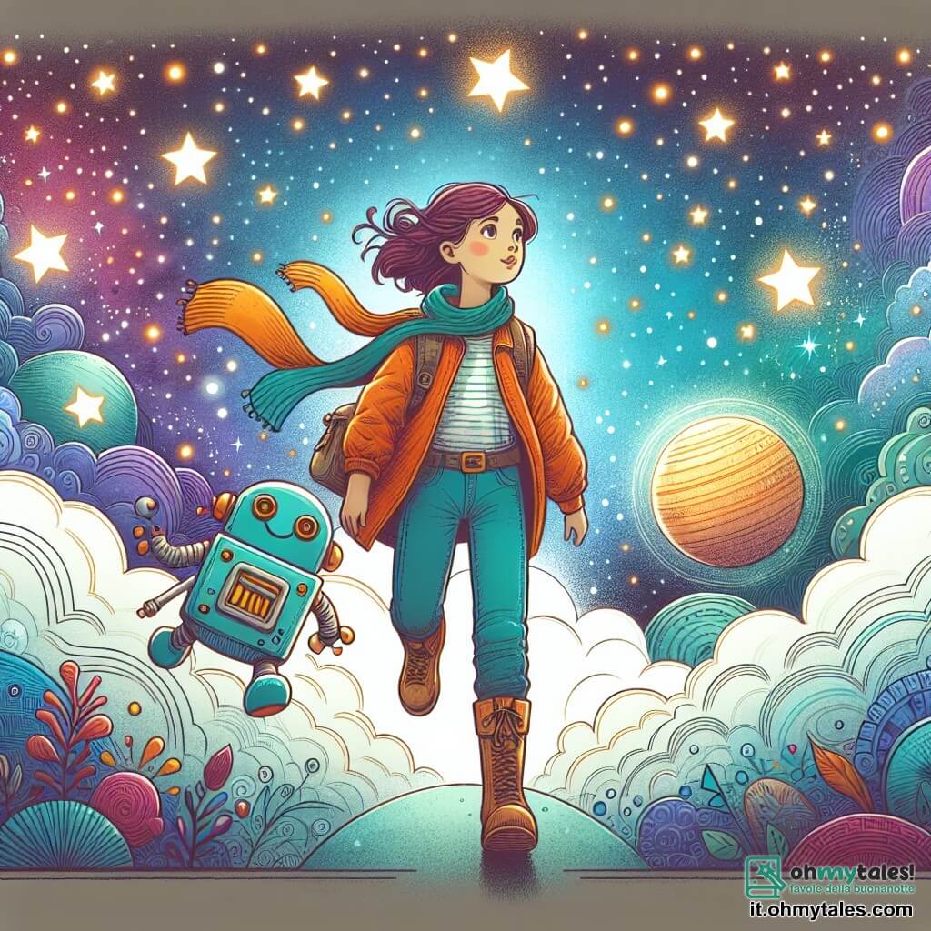 Une illustration destinée aux enfants représentant une jeune femme intrépide explorant une planète mystérieuse aux couleurs chatoyantes, accompagnée d'un adorable robot compagnon, sur fond d'un ciel étoilé scintillant de mille feux.