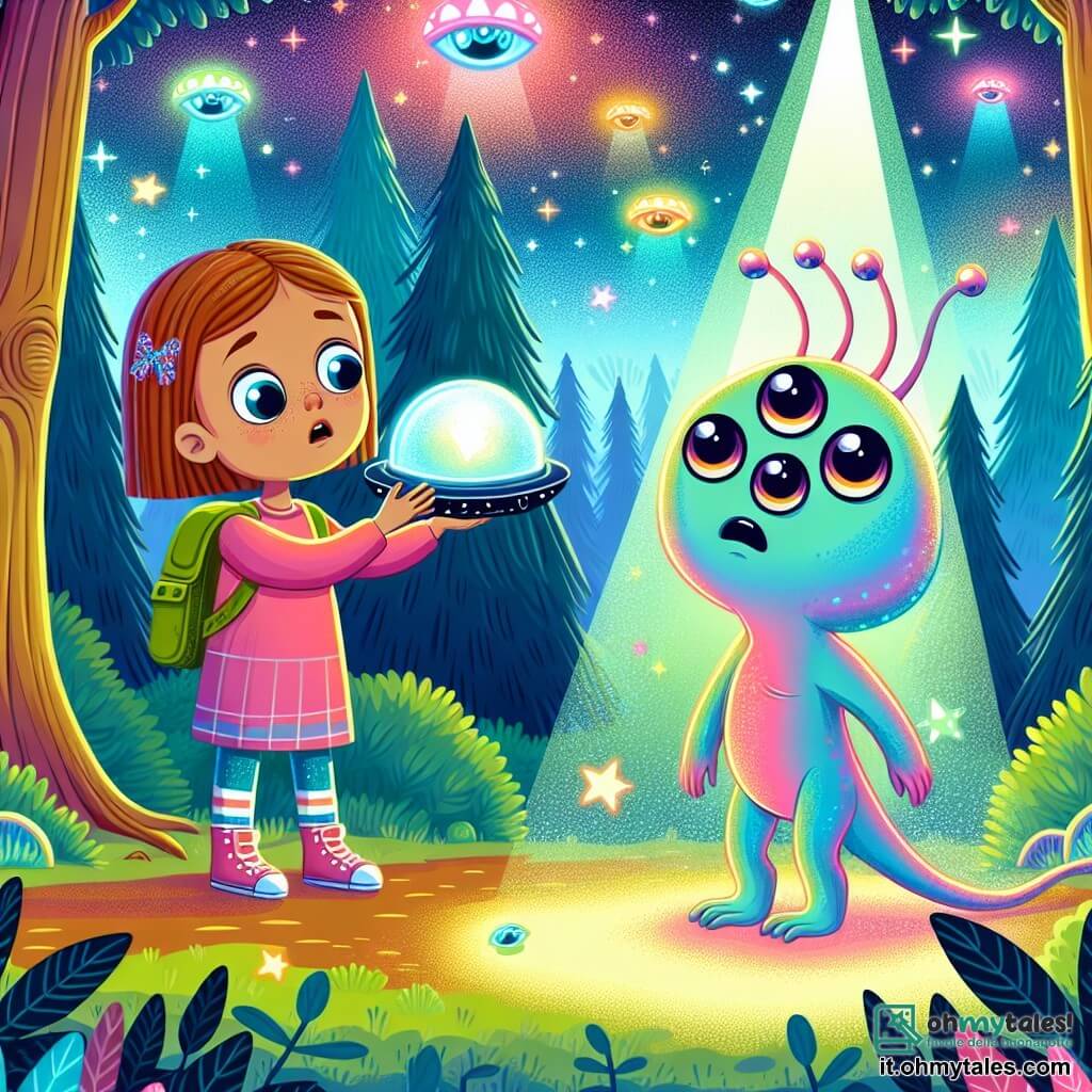 Une illustration destinée aux enfants représentant une jeune fille curieuse découvrant un objet brillant dans un bosco enchanté, accompagnée d'un alien lumineux à trois yeux, sur un incroyable planète aux ciels multicolores et aux créatures scintillantes.