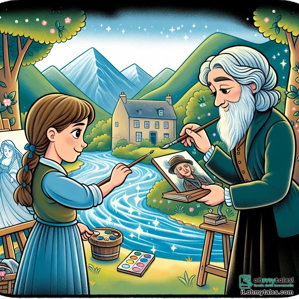 Une illustration destinée aux enfants représentant une jeune artiste talentueuse, une rencontre magique avec un célèbre peintre, un village pittoresque entouré de montagnes verdoyantes et d'un fleuve scintillant.