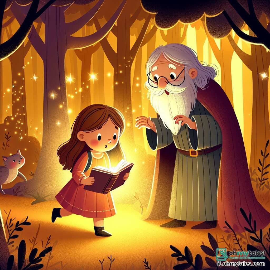 Une illustration destinée aux enfants représentant une jeune fille curieuse et avide de découvertes, accompagnée d'un mystérieux sage, dans une forêt enchantée illuminée par une lueur dorée.