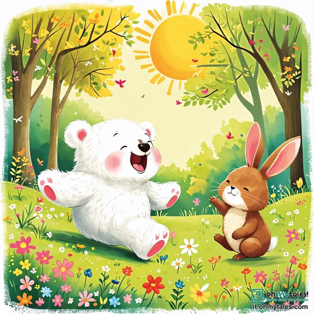 Une illustration sous forme de dessin destinée aux enfants représentant une forêt verdoyante et ensoleillée, avec un ours au pelage blanc et doux qui rit en roulant joyeusement sur une colline, tandis qu'un petit lapin aux grandes oreilles et au pelage brun le regarde en riant, entourés de fleurs colorées et d'arbres majestueux, capturant l'instant amusant où ils s'amusent à faire une course de roulades.