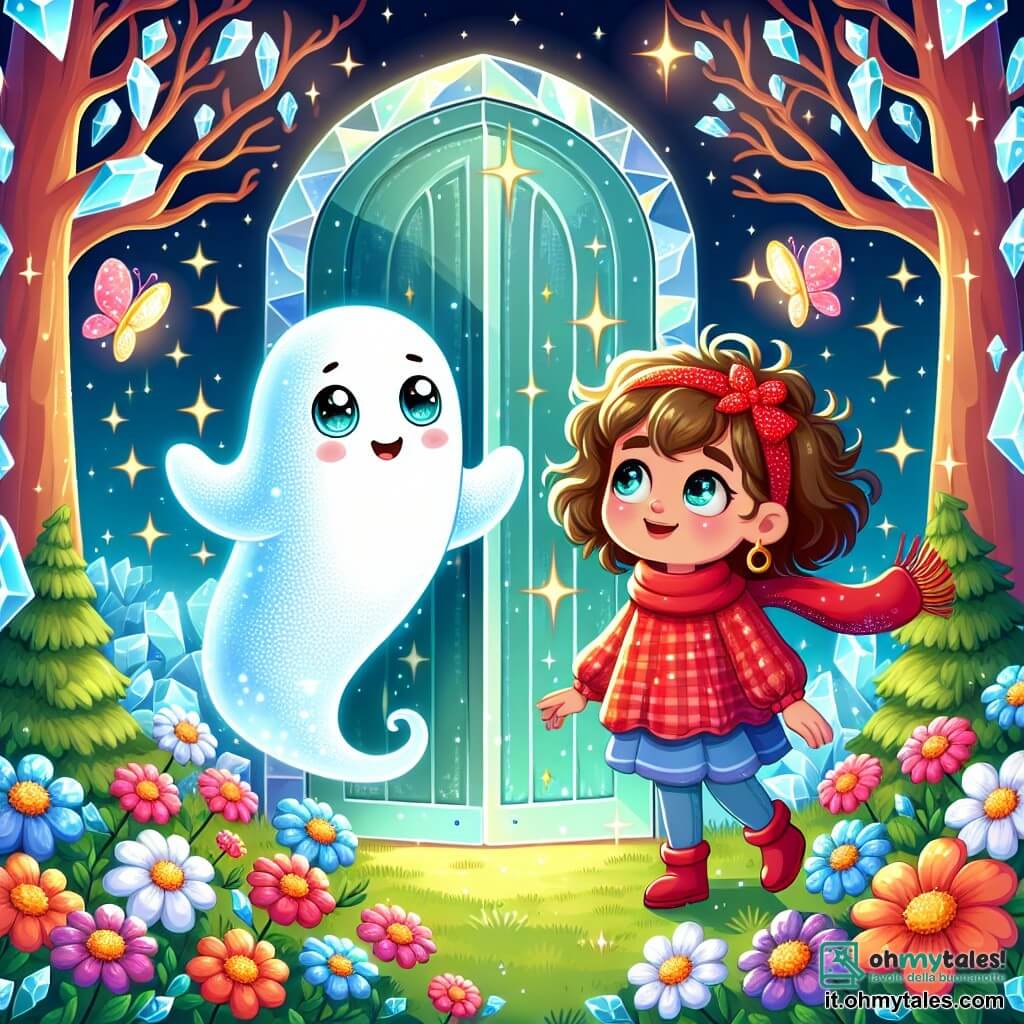 Illustrazione che rappresenta un giardino incantato dietro una porta di ghiaccio scintillante. Il terreno è coperto di fiori luminosi con petali di cristallo, mentre alberi luccicanti si ergono, riflettendo la luce come diamanti. Al centro della scena, un fantasma amichevole fluttua dolcemente, con un aspetto traslucido e luminoso, un sorriso caloroso sul volto. Ha occhi brillanti e contorni morbidi, sembrando quasi danzare nell'aria. Accanto a lui, una bambina di circa 8 anni, con capelli ricci e una sciarpa rossa che vola nel vento, guarda con meraviglia il giardino magico. Ha occhi pieni di curiosità e un'espressione di gioia sul volto. Insieme esplorano questo mondo fatato, circondati da farfalle scintillanti che danzano intorno a loro, aggiungendo un tocco di magia all'atmosfera.