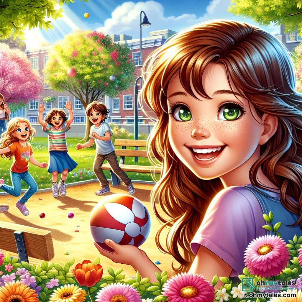 Illustrazione che rappresenta un parco soleggiato in primavera, con alberi in fiore dai colori vivaci, panchine in legno e un'area giochi animata. Al centro dell'immagine, una ragazza di dieci anni, con lunghi capelli castani e occhi verdi scintillanti, sorride gioiosamente mentre gioca a palla con altri tre bambini. Tra loro, una ragazza bionda della sua età, con trecce e un sorriso radioso, lancia la palla. Accanto, una ragazza dai capelli castani e ricci, un po' più piccola, ride cercando di prendere la palla, mentre un ragazzo dai capelli castani, con una maglietta colorata, applaude divertendosi. La scena trasmette un'atmosfera di felicità e amicizia, con fiori colorati che circondano l'area giochi e un cielo azzurro chiaro. Sullo sfondo, si intravede un genitore che osserva con affetto, simboleggiando il sostegno e l'amore familiare nonostante la separazione.