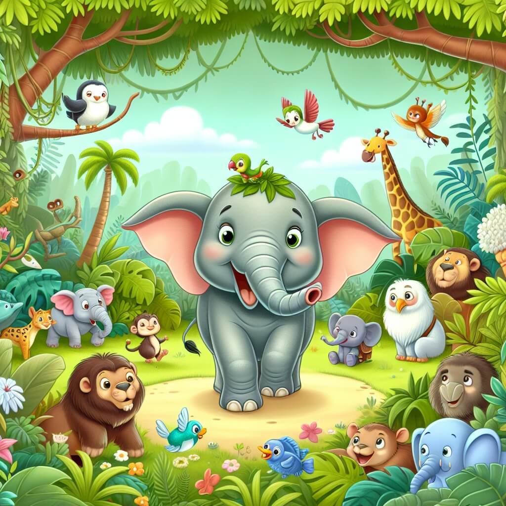 Une illustration destinée aux enfants représentant un éléphant joyeux et curieux se trouvant au cœur d'une jungle luxuriante, accompagné de divers animaux amusants, dans une situation d'aventures et de rencontres inattendues.