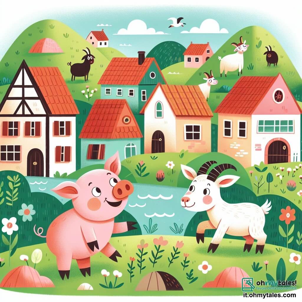 Une illustration destinée aux enfants représentant un joyeux cochon rose en train de chercher son ami disparu, accompagné d'une malicieuse caprette blanche, dans une charmante cité campagnarde entourée de collines verdoyantes et de maisons colorées aux toits de tuiles rouges.