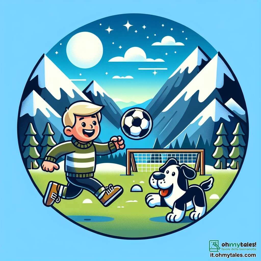 Une illustration destinée aux enfants représentant un jeune homme passionné de football, accompagné de son fidèle chien noir et blanc, s'entraînant avec un ballon de foot dans un pittoresque terrain de jeu entouré de hautes montagnes enneigées, sous un ciel bleu azur.