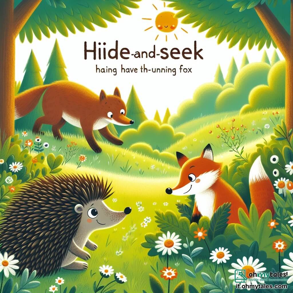 Une illustration destinée aux enfants représentant un hérisson malicieux en train de jouer à cache-cache avec un renard rusé dans une clairière ensoleillée de la forêt enchantée.