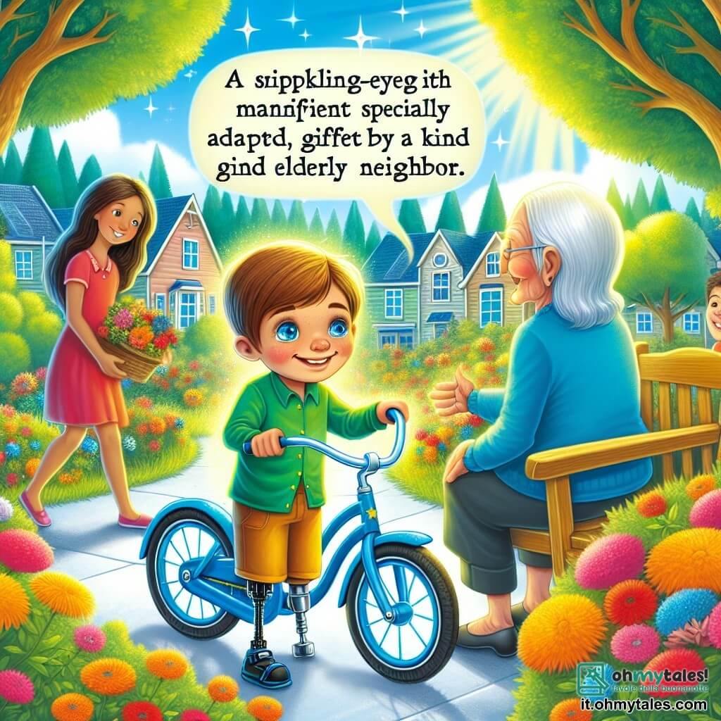 Une illustration destinée aux enfants représentant un garçon aux yeux pétillants, ayant une jambe plus courte que l'autre, qui découvre une magnifique bicyclette bleue spécialement adaptée pour lui par un gentil voisin âgé, dans un parc ensoleillé avec des arbres verts et des fleurs colorées en abondance.