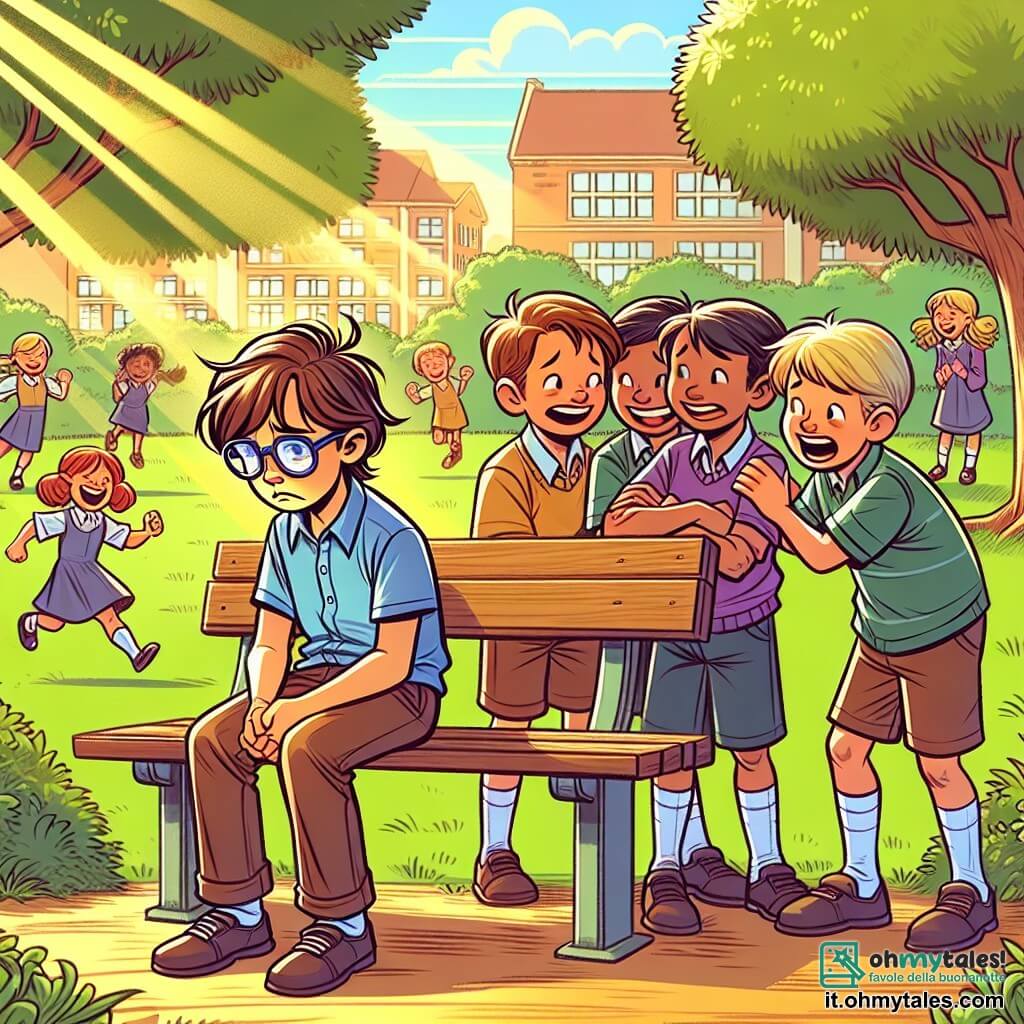 Une illustration sous forme de dessin destinée aux enfants représentant une cour d'école ensoleillée, où un garçon de 11 ans, avec des cheveux bruns en bataille et des lunettes, se tient seul sur un banc, l'air triste et pensif, tandis qu'un groupe de trois garçons, aux cheveux blonds et châtains, rient et chuchotent en le regardant de loin, illustrant une scène de harcèlement scolaire, avec des arbres verdoyants en arrière-plan et des enfants jouant joyeusement, contrastant avec l'isolement du garçon.