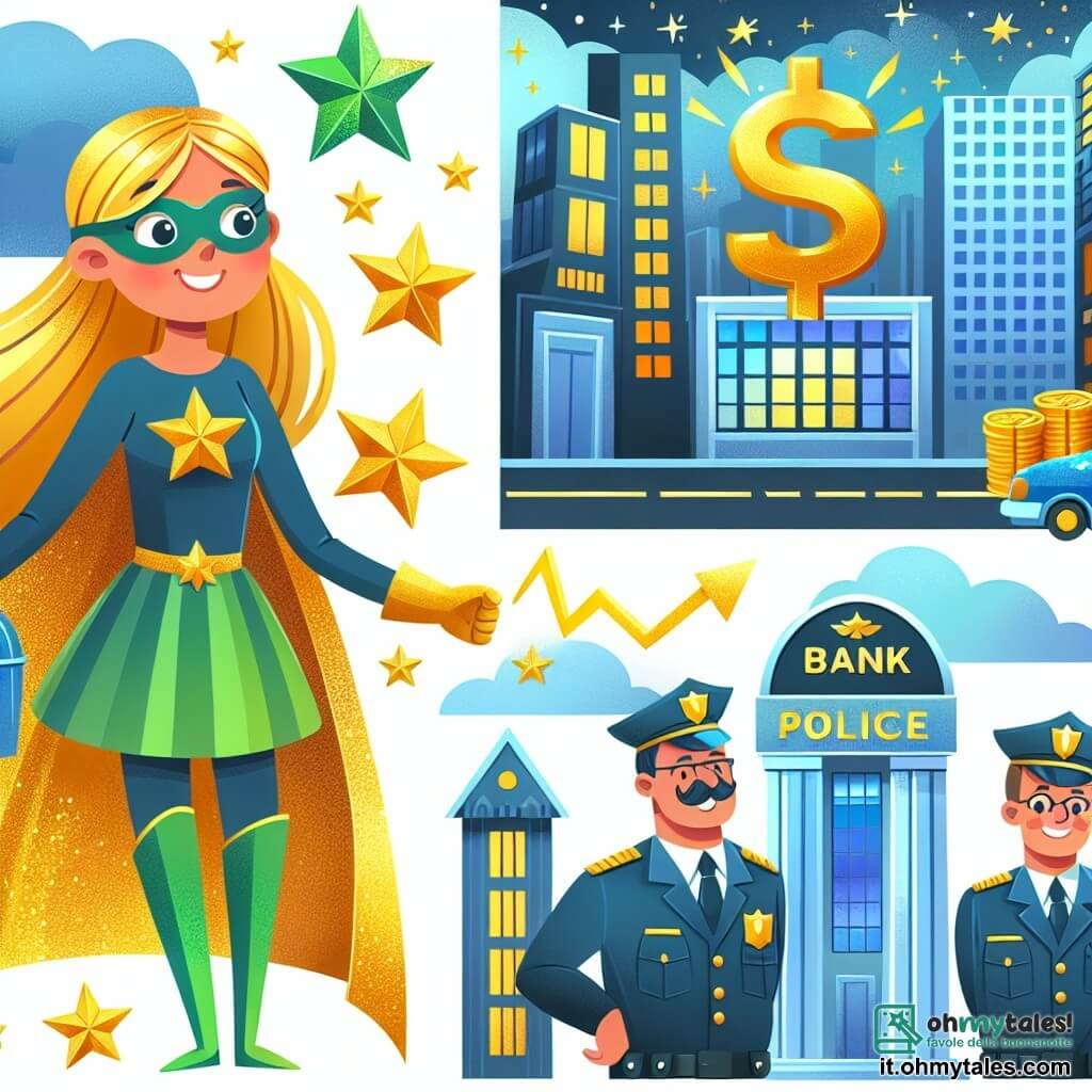 Une illustration destinée aux enfants représentant une super-héroïne aux cheveux dorés, une banque en danger, un policier reconnaissant et une ville scintillante où les étoiles brillent plus que le soleil.